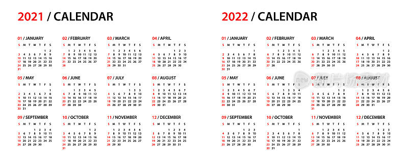 日历2021 2022 -简单布局插图。一周从周日开始。日历设定为2021年2022年